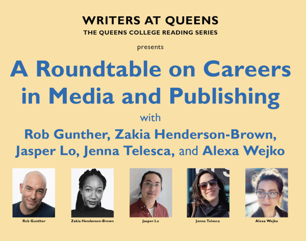 The panel of authors present during the Writers at Queens roundtable event